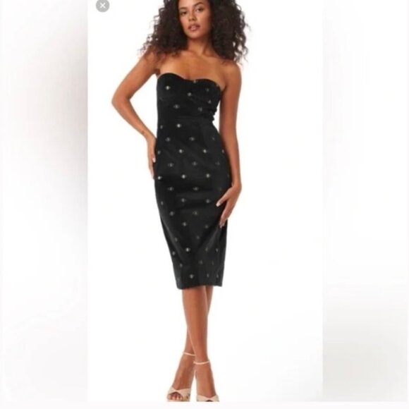 Misa | Embroidered Velvet Evil Eye Elegant Black Strapless Dress - Picture 2 of 10